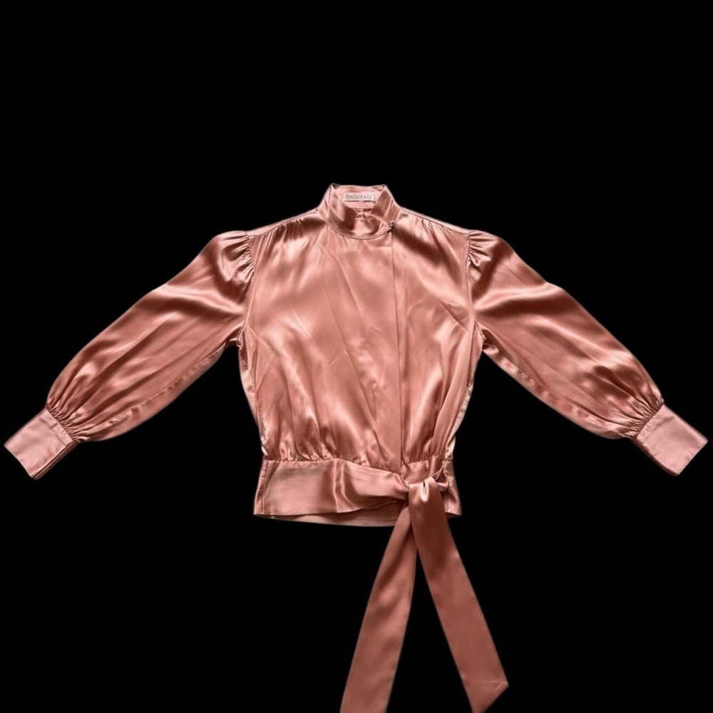 100% Silk Draped Tie Waist Blouse Vintage Romantic Peach Satin Statement Top